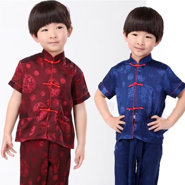 Распродажа, красный летний наряд для мальчиков, короткий рукав, танг с драконом