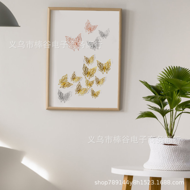 Gold and Silver Hollow Three-dimensional Butterfly 3d Wall Sticker Simulation Double-sided Decoration Butterfly Metal Texture