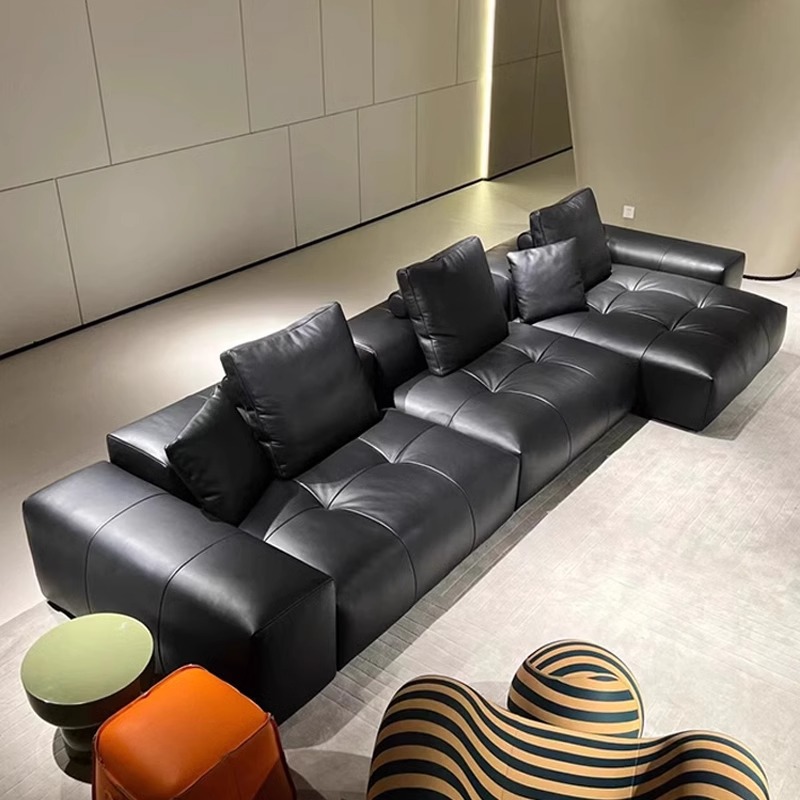 Italian Minimalist Pixel Leather Sofa for Living Room, Top-Grain Cowhide, Black, High-End Leather Art, Straight-Row Modular Combination