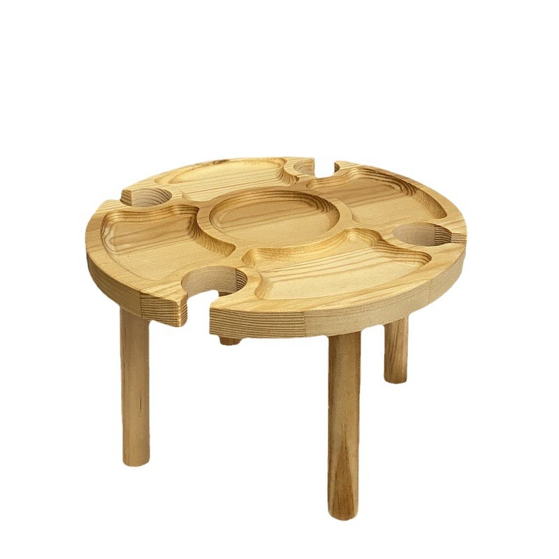 Outdoor Solid Wood Picnic Tray Wooden Portable Camping Divided Round Dinner Plate Foldable Round Table Wooden Wine Rack