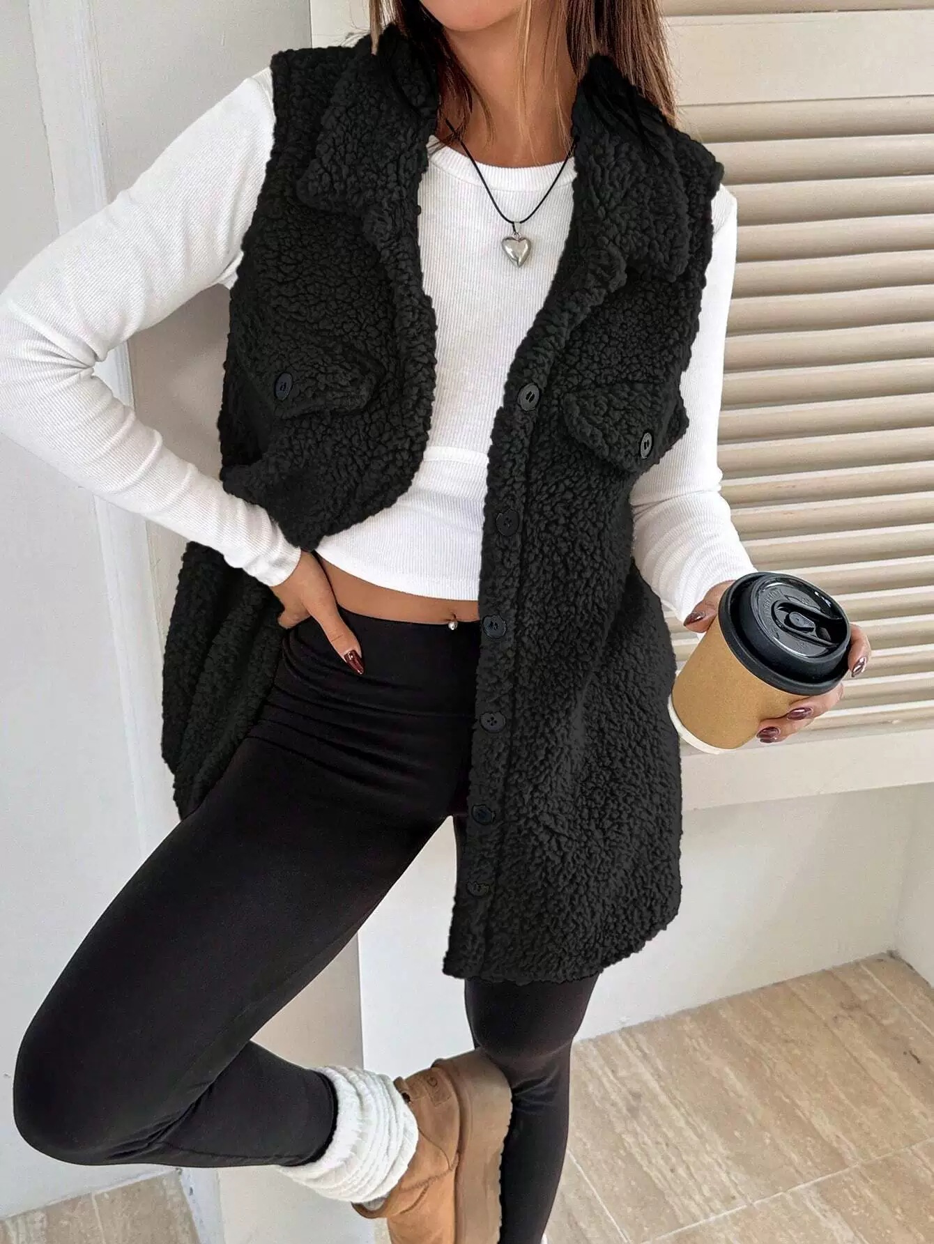 2025 Cross-Border Amazon New Autumn and Winter Lapel Plush Vest Jacket Loose Elegant Commuter Imitation Cashmere Women