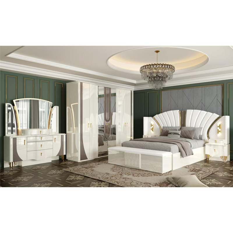 Cross-Border Modern Panel Suite Double Bed Wardrobe Dresser Combination Set Luxury Bedroom Furniture Whole House