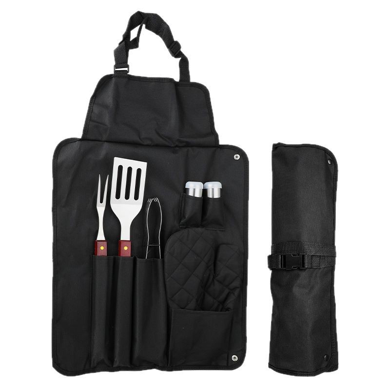Factory Cross-Border E-Commerce Wholesale Wooden Handle Stainless Steel Outdoor Tools Wearable Apron Bag Grill Set 6-Piece Set