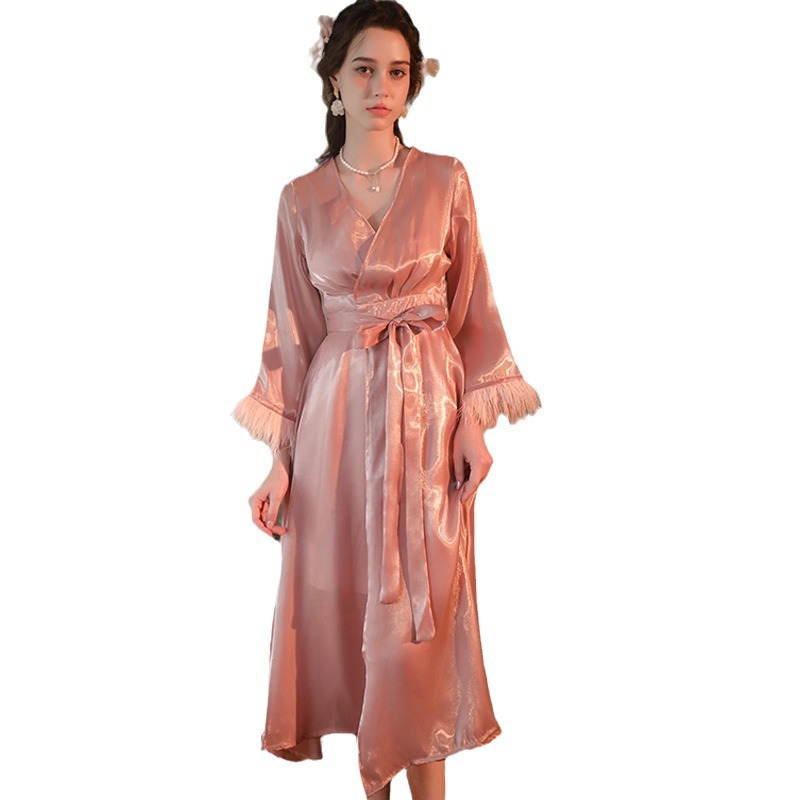 bride morning gown women's feather nightgown wedding makeup bridesmaid group wedding kimono satin long bathrobe
