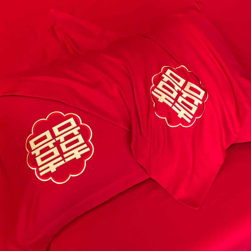 Bedding Simple Wedding Brushed Four-Piece Set Wedding Bright Red Dowry Bedding Light Luxury Embroidery Set Manufacturer Wholesale