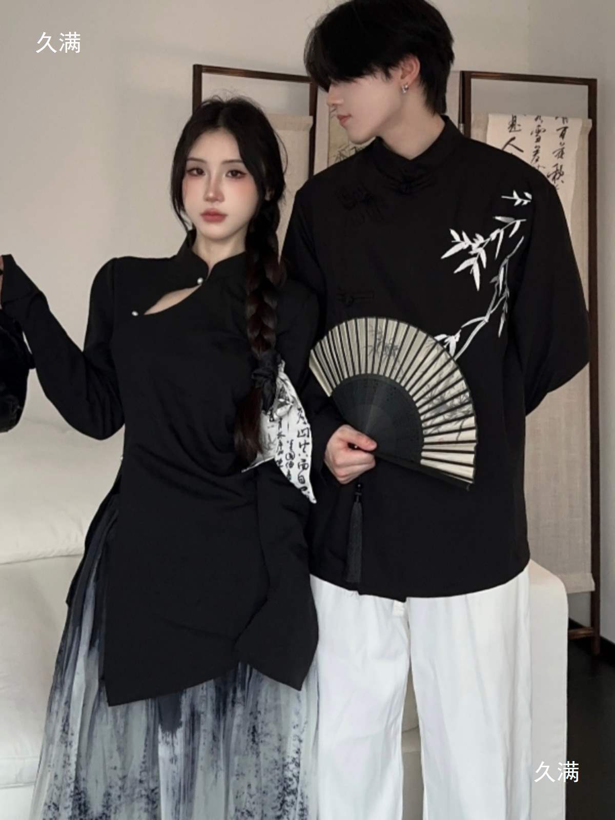 New Chinese Style Couple Outfit Junior High School Graduation Class Uniform Summer Bamboo Embroider Shirt Ink Painting Chorus Performance Uniform