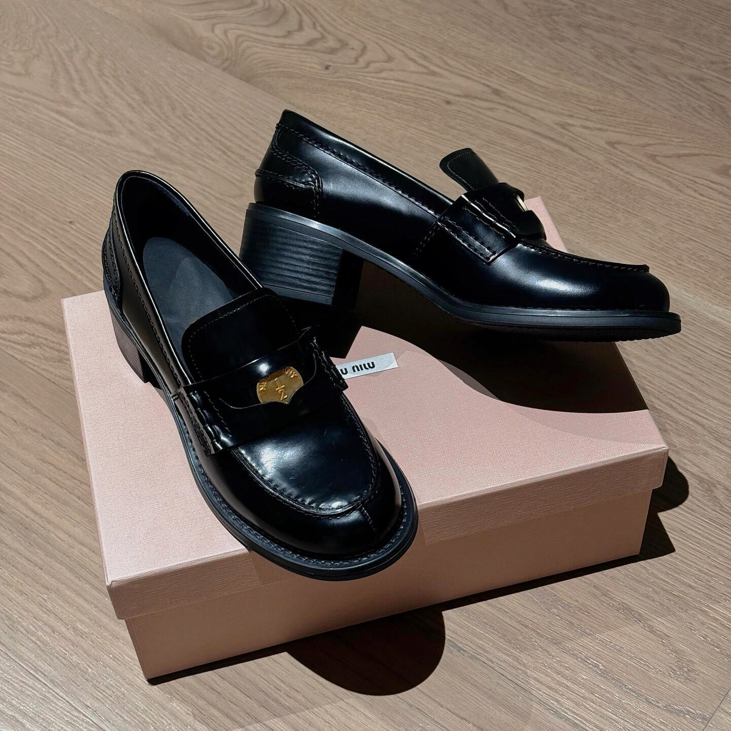 Sheepskin Version ~ Genuine Leather British Style Small Gold Coin Slip-On Thick Heel Thick-Soled Loafers Women's High-Heeled Flats Small Leather Shoes