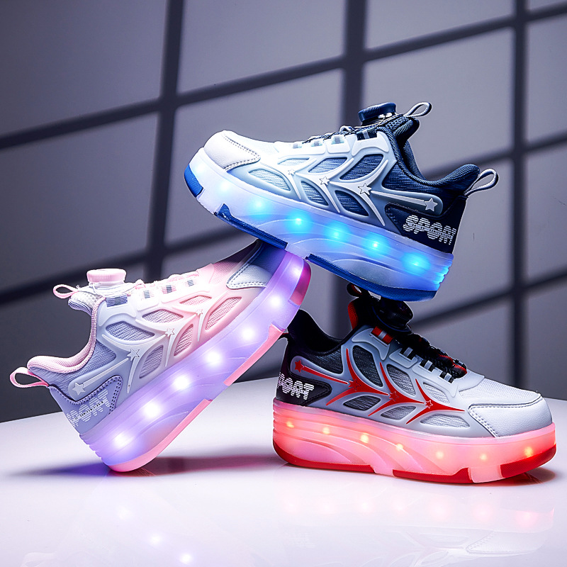 Hun walk shoes boys factory direct new children pulley sneaker roller skates double wheel girls trend explosion walking shoes