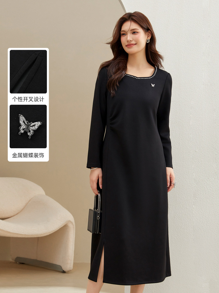 [мягкое и восковое французское платье с U-образным вырезом] стройное и красивое платье большого размера для полных 2024 зимний новый стиль