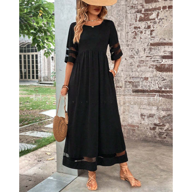 Cross-border foreign trade new hot plus size women's five-point sleeve mesh round neck stitching pocket dress
