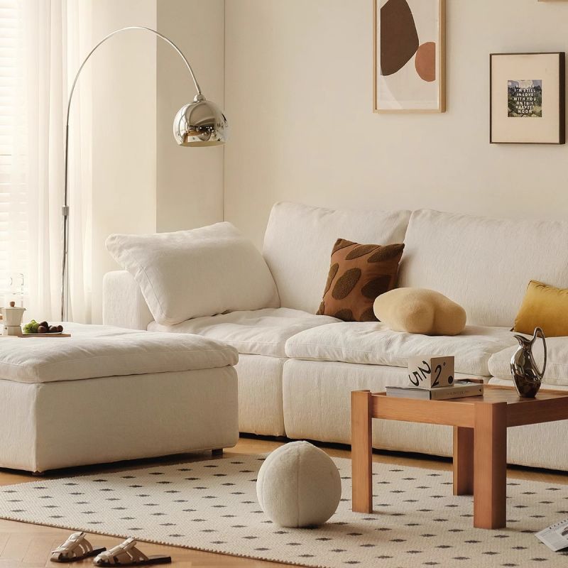 Cream-Colored Fabric Sofa, Nordic Living Room, High-End Feel, Small Apartment, Cloud-Style, Removable and Washable Sofa Set, Mid-Century Style