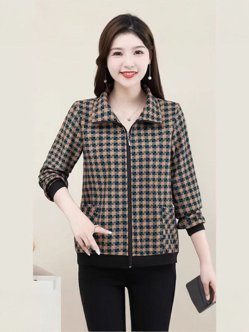 Spring and Autumn Short Coat New Middle-aged Mother Women's Top Stylish Middle-aged and Elderly Women's Plaid Fashion Jacket