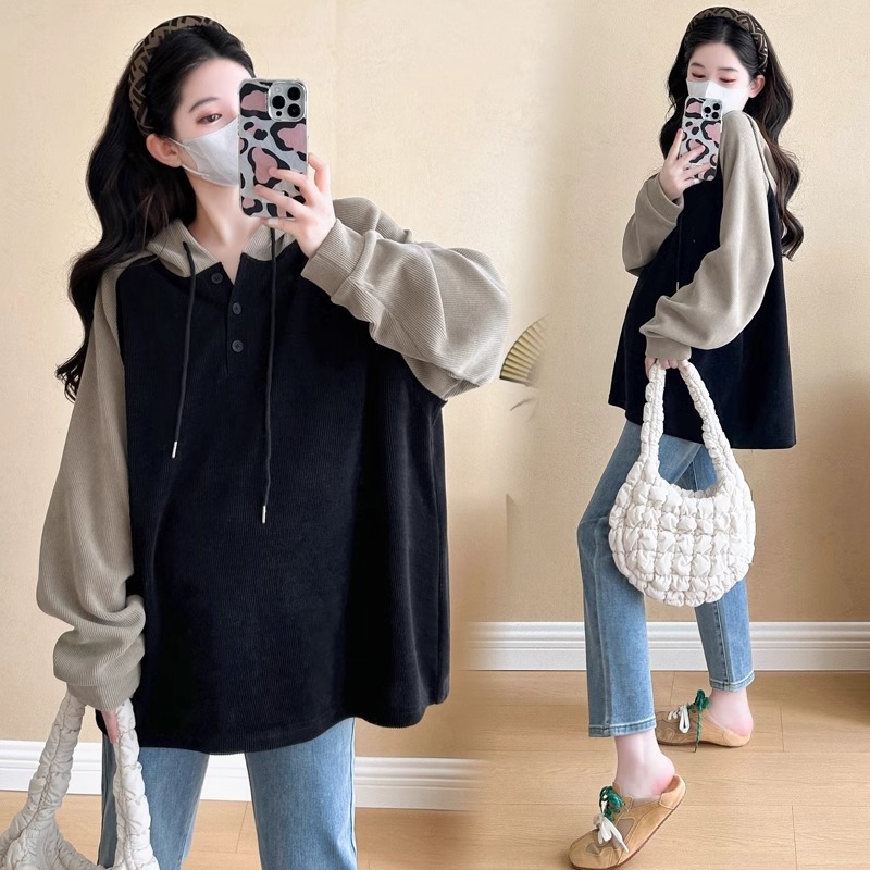 Pregnant women's clothing autumn fashion color matching hooded long sleeve top loose plus size casual sweater autumn pregnancy base shirt