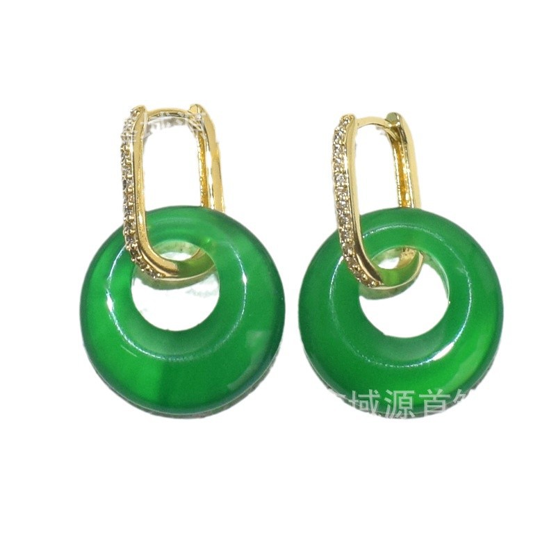 Light Luxury Natural Green Chalcedony Ear Buckle Ping An Buckle Earrings Ice High-quality Vintage Fashion Agate Earrings Factory Outlet