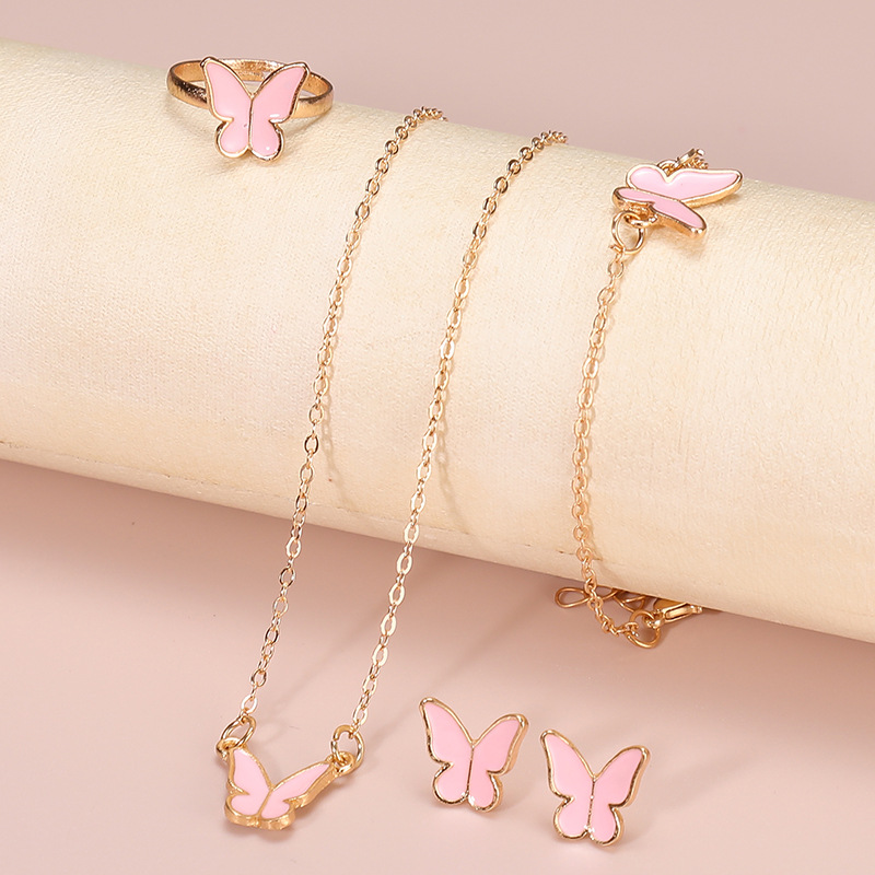 New European and American Jewelry Women's Fashion Temperament Personality Butterfly Necklace Ear Stud Ring Bracelet 4-piece Set Wholesale