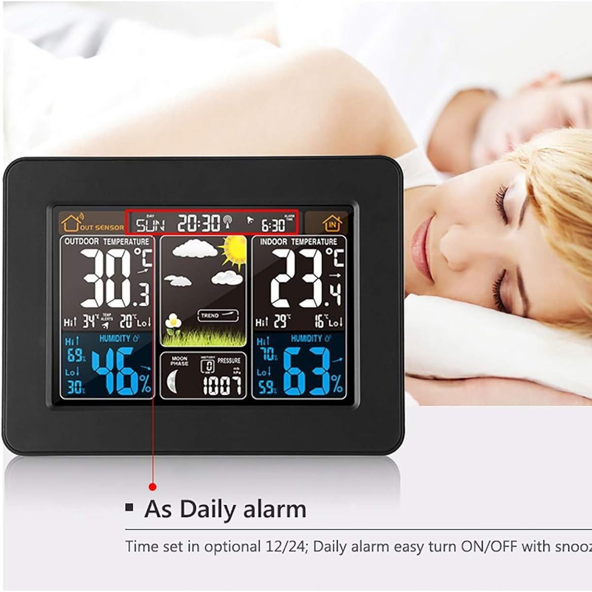 Electronic color screen weather forecast clock 3365 black wave clock multifunctional electronic alarm clock RF wireless weather clock