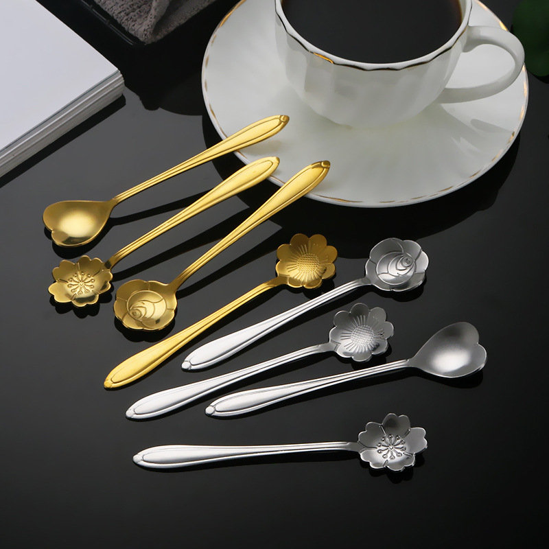 Bird's Nest Spoon Dessert Spoon Takeaway Stainless Steel Creative Cherry Blossom Spoon Golden Long Handle Mixing Spoon Cake Spoon Disposable