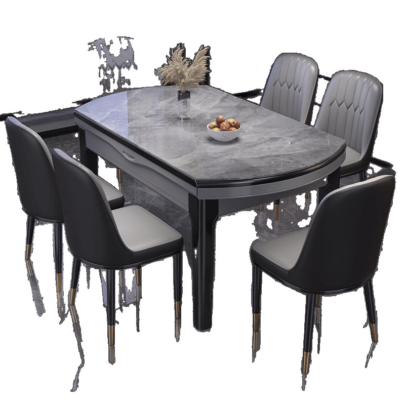 Italian Glossy Slate Dining Table and Chair Combination Table and Chair Set Modern Simple Retractable Folding Solid Wood Round Table