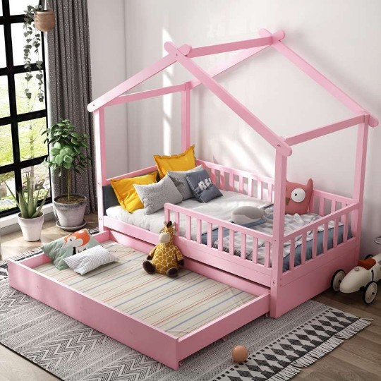 Factory direct supply wooden children's bed log color pink can be used as storage multi-functional modern simple wooden bed