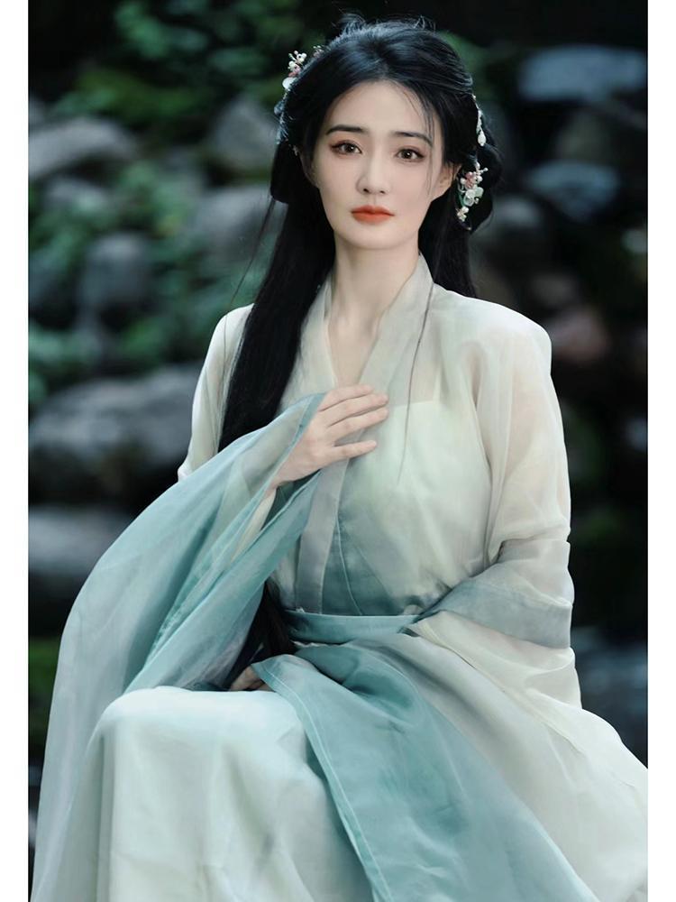 Xu Lu's Same Style Hanfu Female Wei Jin Southern and Northern Dynasties Ancient Costance Cool Sense Big Sleeve Shirt with Neck and Waist-length Skirt Wide Sleeve suit