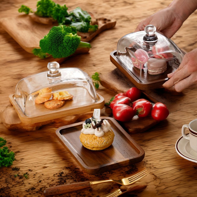Cross-border Hot-selling Rectangular Acacia Wood Butter Plate Glass Lid Cheese Butter Plate Snack Dessert Cake Dessert Plate