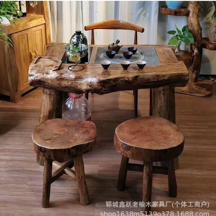 Small Tea Table Elm Tea Table and Chair Combination Solid Wood Special-Shaped Tea Table Wabi-Sabi Style Office Tea Table Small Bench