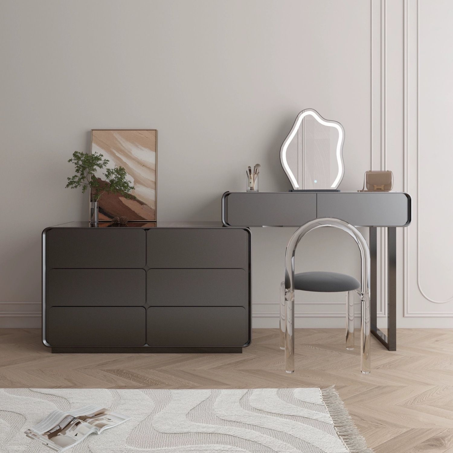 New Room Cream Ins Style Solid Wood Slate Dressing Table Modern Simple Bedside Storage Cabinet Drawer Cabinet Two-In-One