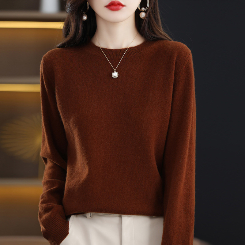 Autumn and winter New 100% pure woolen sweater women's first-line popular round neck knitted bottoming shirt elegant all-match Western style sweater