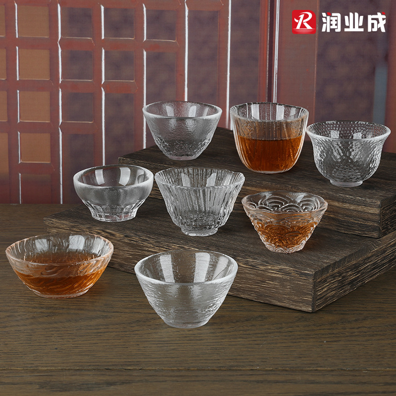 Japanese-Style Hammered Glass Small Tea Cup Tasting Cup with Logo Printed Gold-Rimmed Sake Cup Small Wine Cup Master Cup Transparent