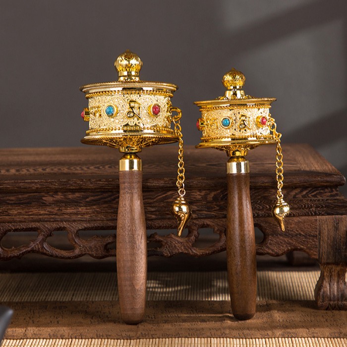 Hand-cranked Warp Wheel Xizang Pure Brass Hand-held Turning Gold Barrel Six-character True Words Household Xizang-style Hand Warp Wheel