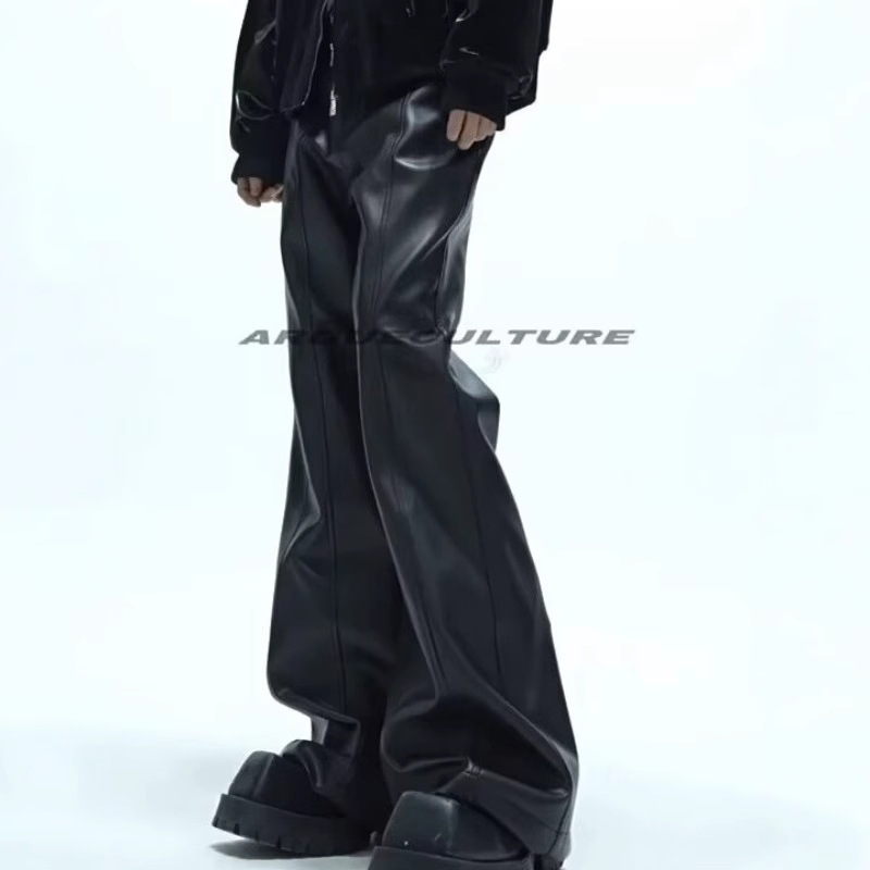 Men's and Women's Vintage Old Washed Split Design Niche Leather Pants Fashionable All-match Loose Straight Casual Trendy Pants