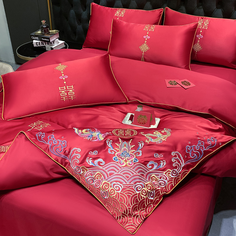 High-end European-style Wedding Four-piece Cotton Big Red Embroidered Sanding Quilt Cover Wedding Bedding Accompanying Wedding Room