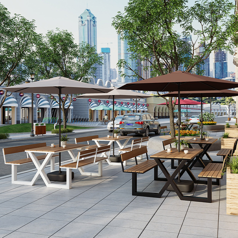 Outdoor Plastic Wood Table and Chair Combination with Backrest and Parasol for Shopping Malls, Cafes and Milk Tea Shops with Outdoor Dining Tables and Chairs