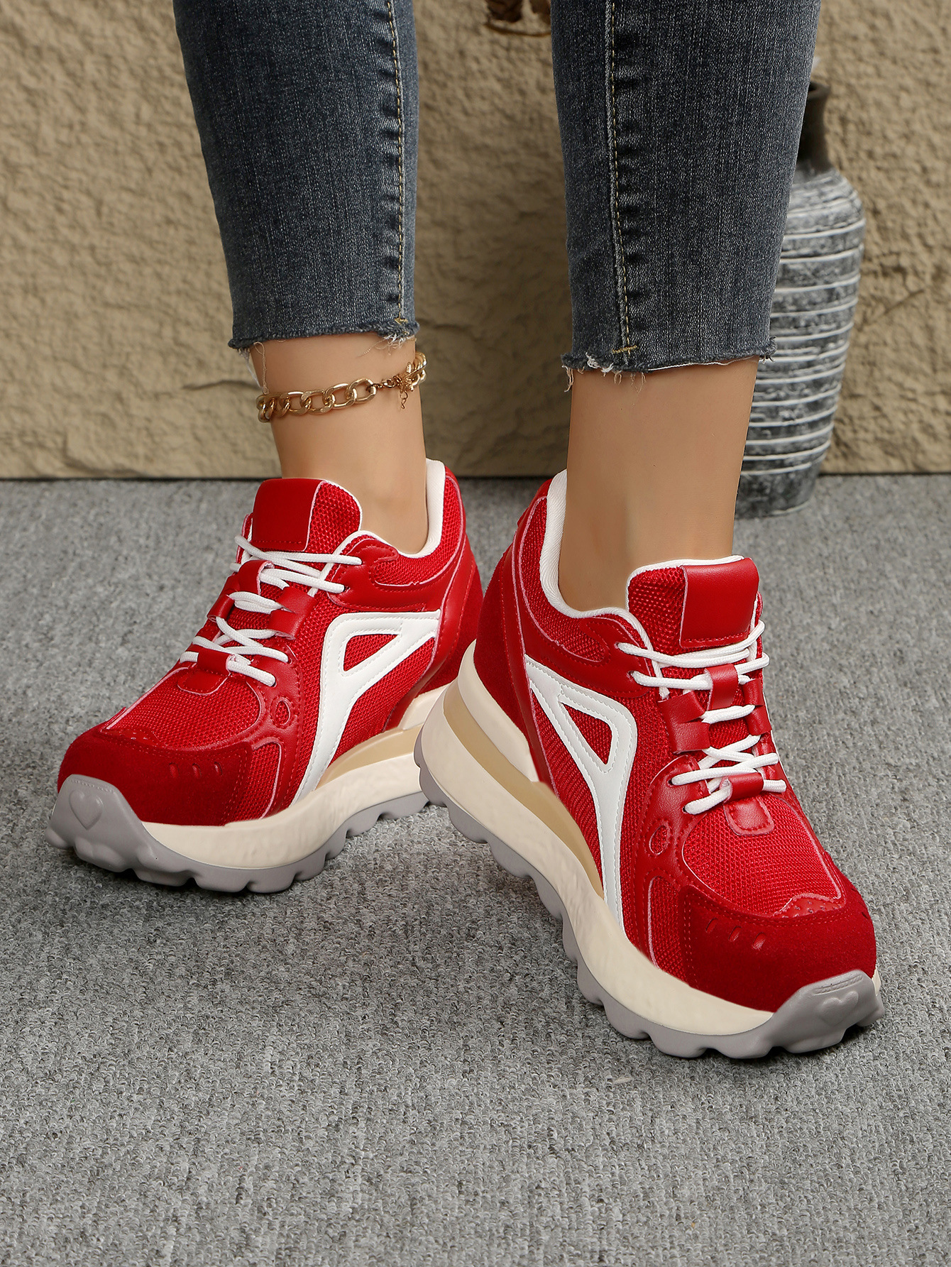 Thick-Soled High-Heeled Cut Out Mesh Woven Breathable Casual Shoes Lightweight White Shoes 5 Thick-Soled Sneakers for Women 2025 Xia Ya