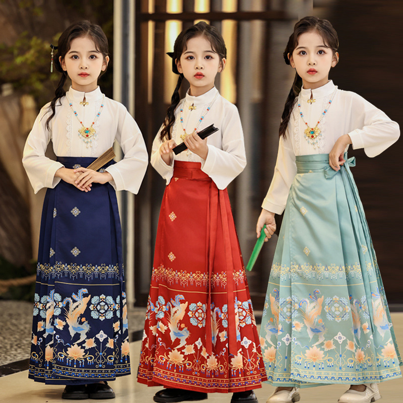 Китайский стиль древний костюм для девочек юбка с лошадиной мордой комплект тонкий Ханфу юбка летняя одежда для детей