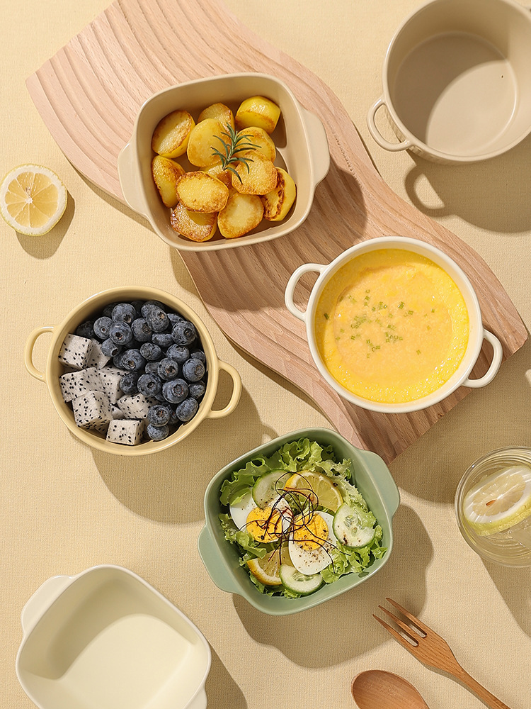 Soufflé Baking Bowl for Air Fryer Ceramic Double-Eared Bowl Egg Custard Steaming Bowl Steamed Egg Bowl Baby Qinxuan