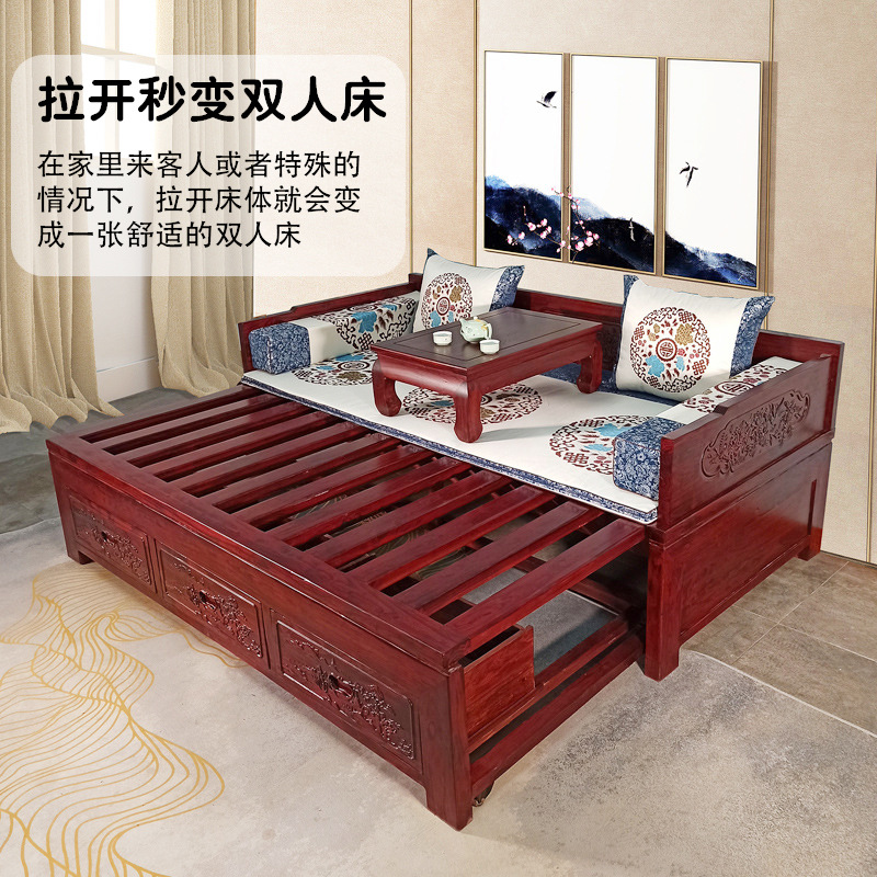 Luban Yimu Old Elm All Solid Wood Push-Pull Arhat Bed Telescopic Storage Arhat Bed Sofa Bed Arhat Collapse