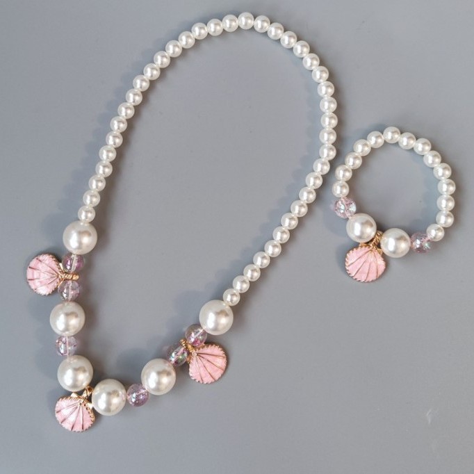 New children's fishtail necklace bracelet cross-border jewelry set plate beads pearl necklace cartoon pearl shell wholesale
