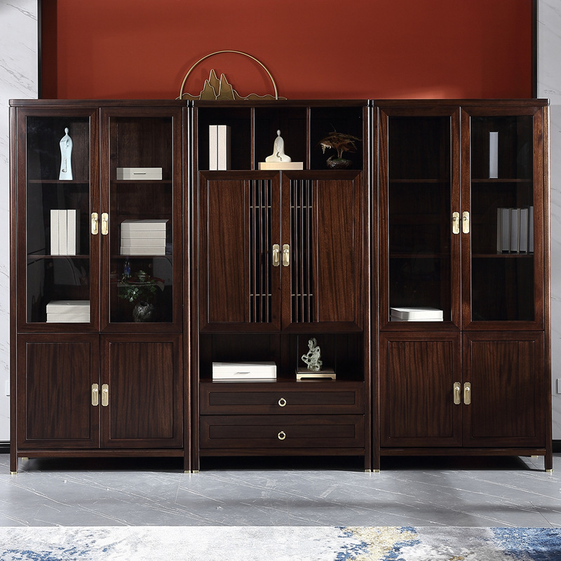 All Solid Wood Bookcase Combination New Chinese Style Furniture Ebony Bookshelf with Door Combination Storage Cabinet Floor-Standing Large Bookcase