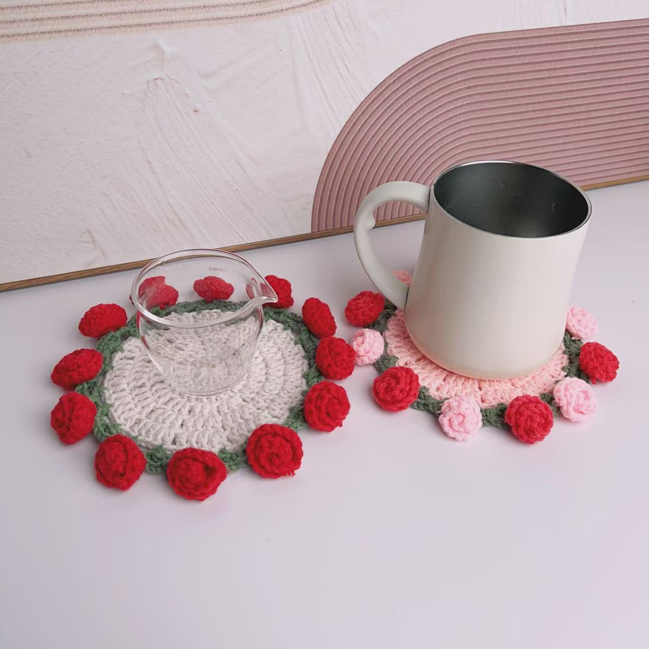 Finished Handmade Rose Bouquet Coaster Wool Crochet Cup Change Hand-held Bouquet Creative Gift Woven Flower Coaster
