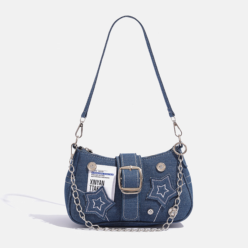 New Millennium Style Hot Girl Trendy Star Chain Bag Retro Denim Button English Denim Shoulder Armpit Bag