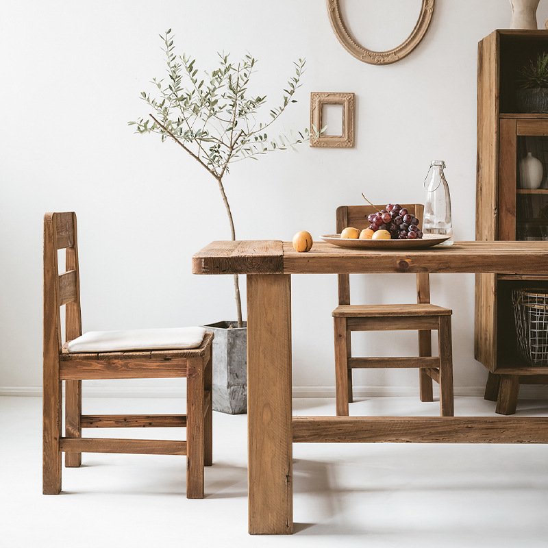 Vintage Old Pine Dining Table and Chair Combination Coffee Shop Restaurant Storefront Solid Wood Dining Table and Chair Set