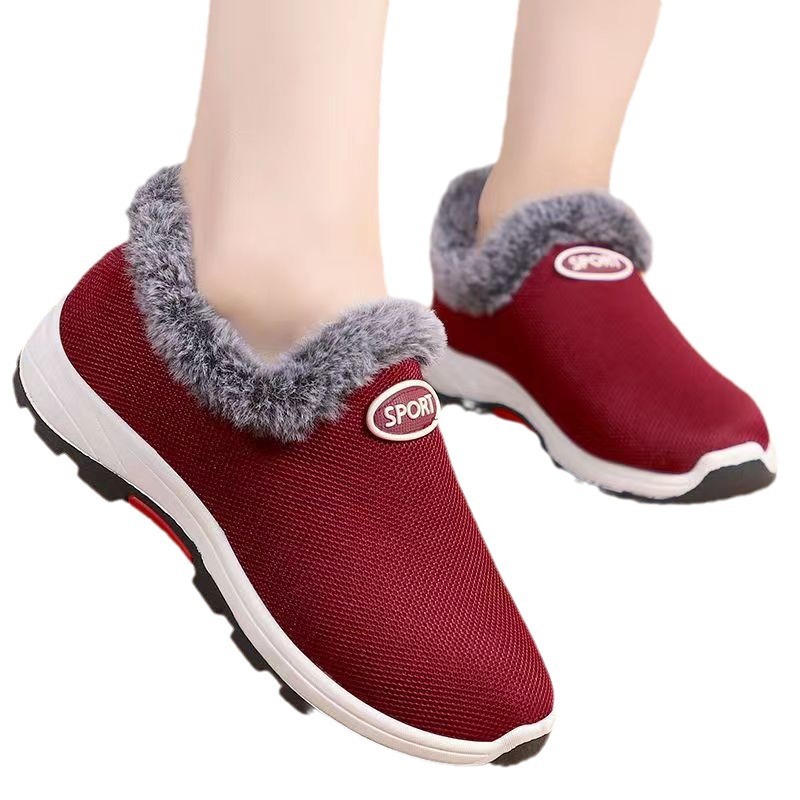 Winter Women's Cotton Shoes Middle-aged and Elderly fleece-lined Thickened Mountaineering Bottom Warm Cotton Shoes Slip-on Flat Snow Boots Warm