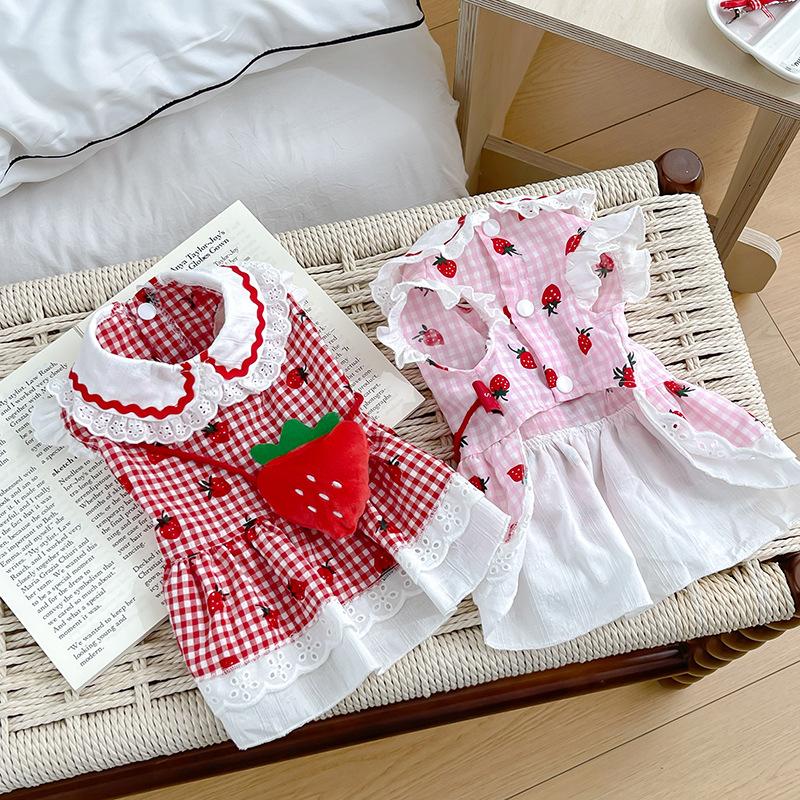 Cross-border ins wind spring and summer new strawberry dress cute cartoon dog small dog pet clothes wholesale