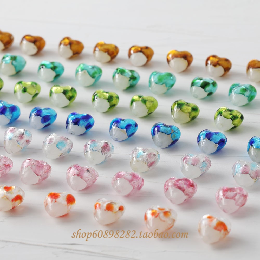 Heart-Shaped Glass Silver Foil Small Fresh Color Series Straight Hole DIY Beaded Handmade Necklace Bracelet Earring Material Accessories