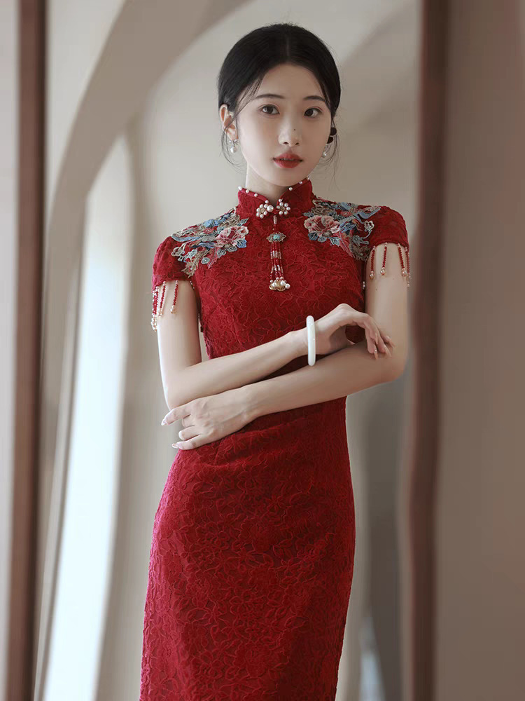 Cheongsam Toast Dress Bride wine red Small Engagement Dress dress New Chinese Style Beautiful Wedding Girl