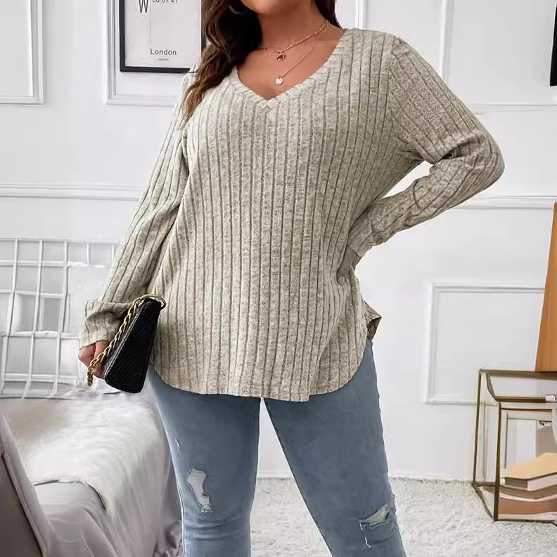 2025 Amazon Autumn and Winter New Pure Color Plus Size Women's Tops V Neck Long-Sleeved Pit Strip Brushed T-Shirt Loose Pullover