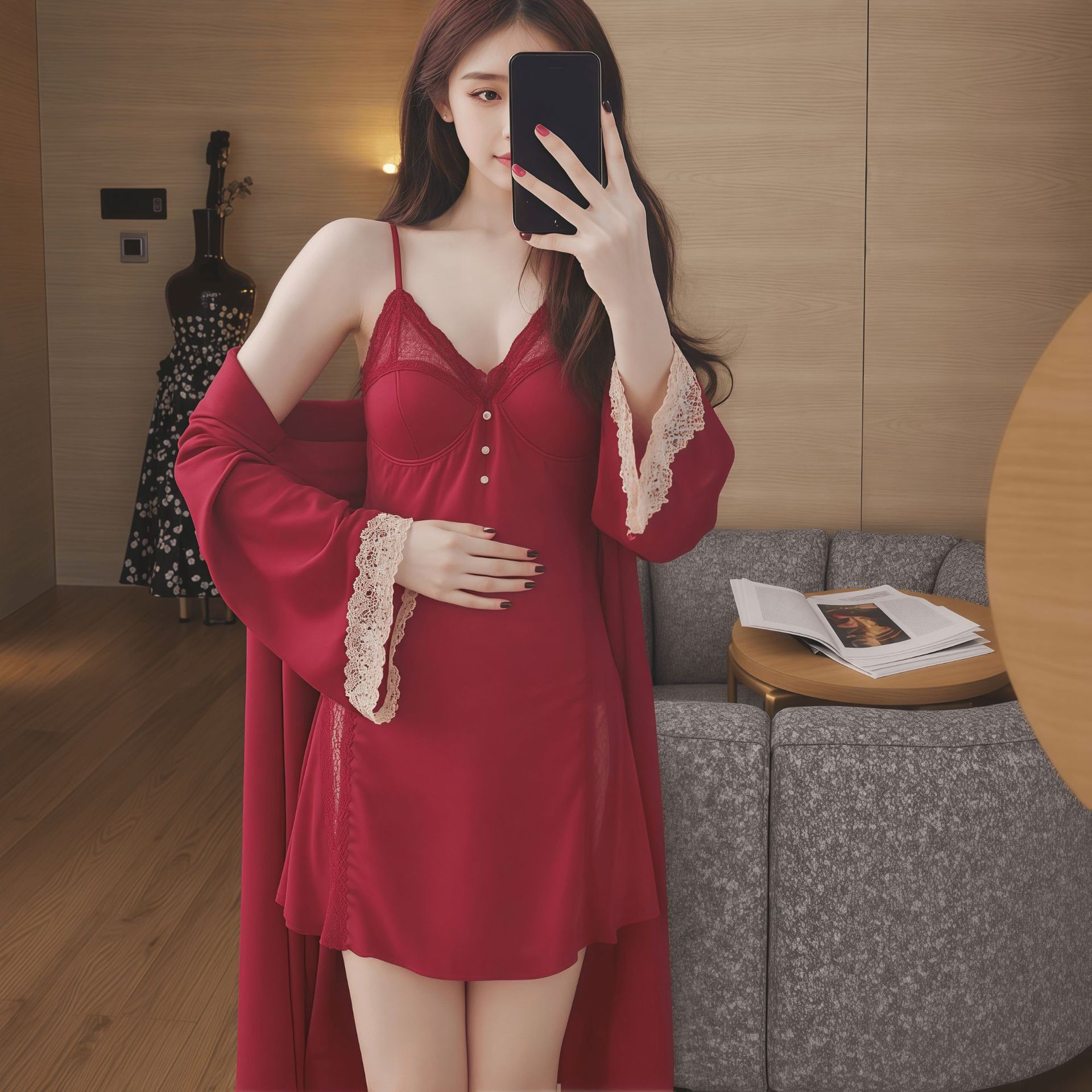 Drunk Cellar plus size Sexy Nightgown Pearl Lace Sling Ice Silk Perspective Dipped Home Clothes Pure dress
