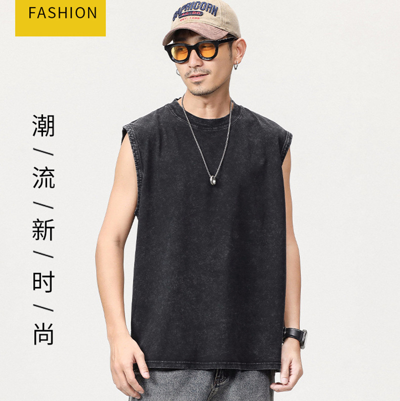 Washed distressed vest waistcoat Men's Heavy European and American retro sleeveless summer fashion brand Cotton loose fried flower T-shirt cross-border