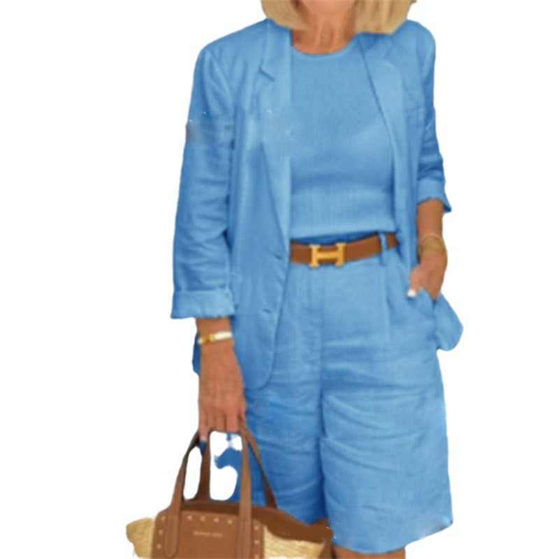 Amazon 2025 Spring and Autumn Cross-Border New Foreign Trade Women's Imitation Cotton and Linen Cardigan Top Shorts Two Pieces Small Suits